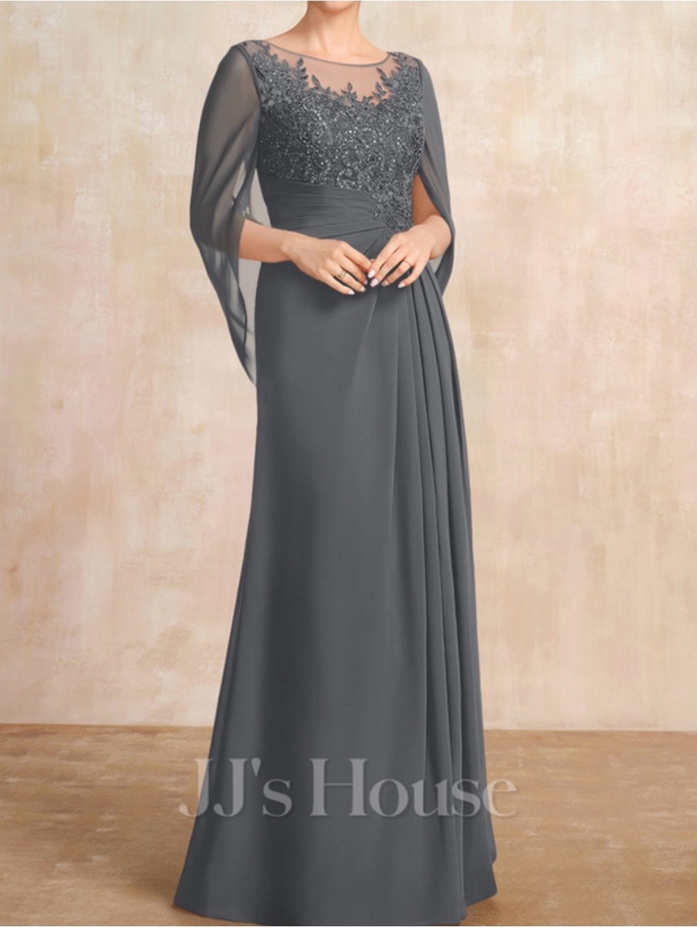 JJs House Elegant Gray Beaded Long Sleeve Evening Dress